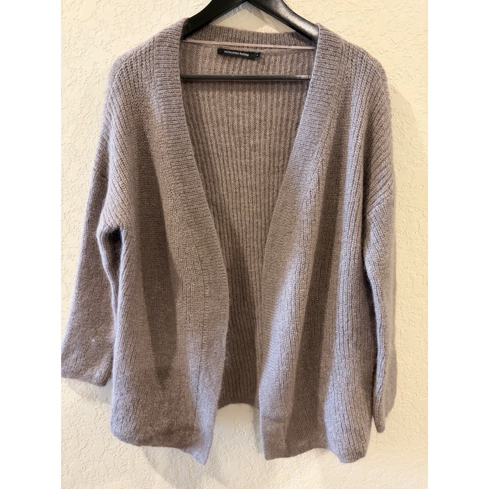 Monoprix Femme Mohair Wool Blend Ribbed Open Front Cardigan Sweater Taupe Grey 4